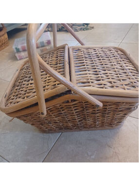 Vintage handmade Rattan Picnic or‎ other storage basket lined